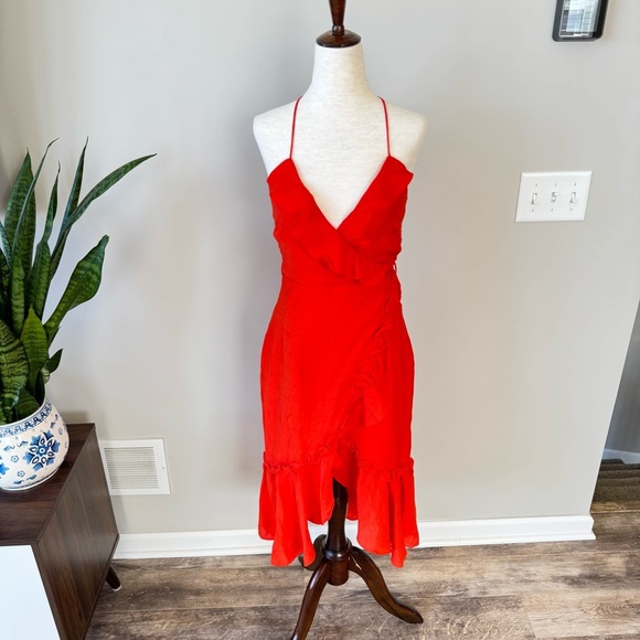 Bardot Zoe Ruffle Faux Wrap Ruffle Trim Dress - Orange - Picture 6 of 11